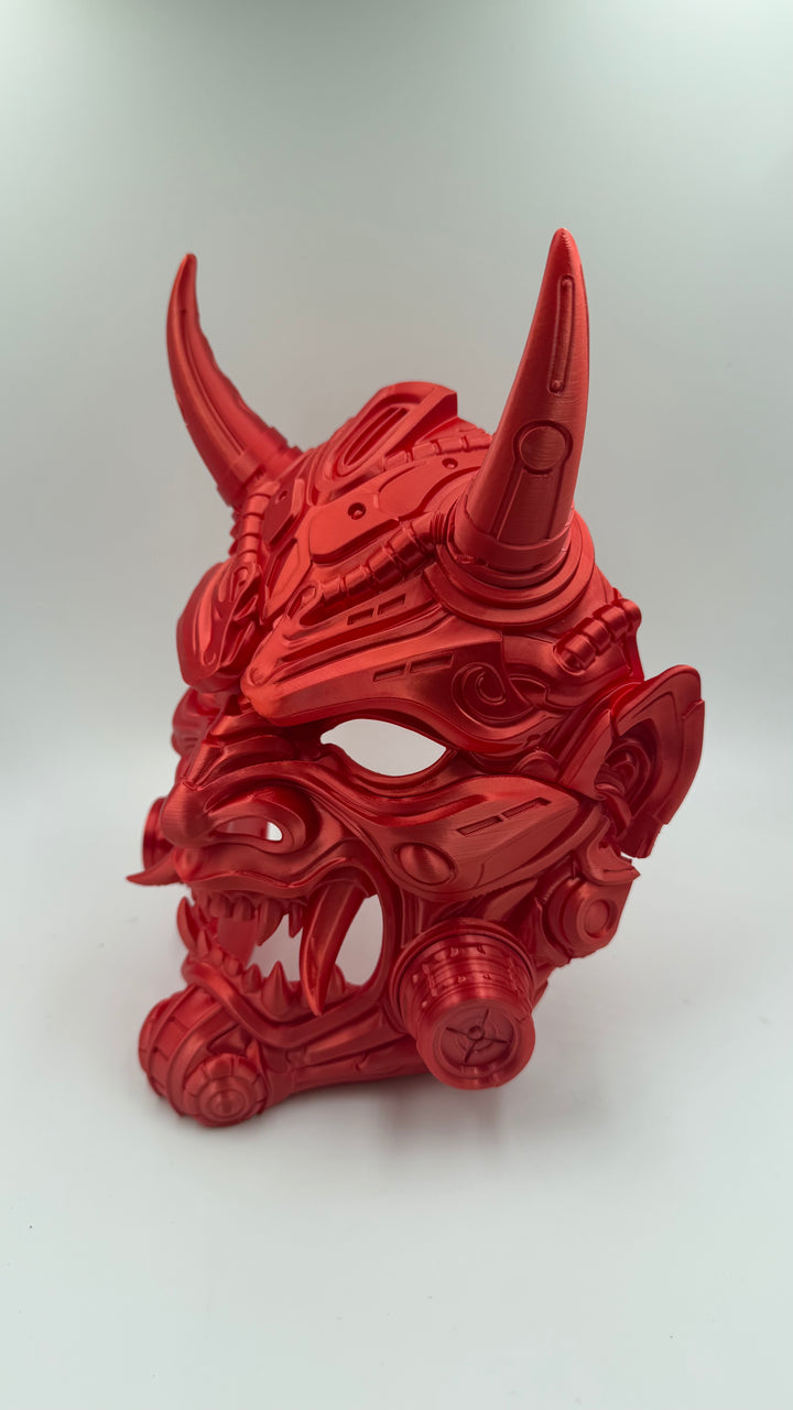 Cyberpunk Oni Mask Japanese Demon Samurai Tetsu Mask Red Futuristic Wall Art Decor Horned Warrior Helmet Sculpture Fantasy Gaming Decor