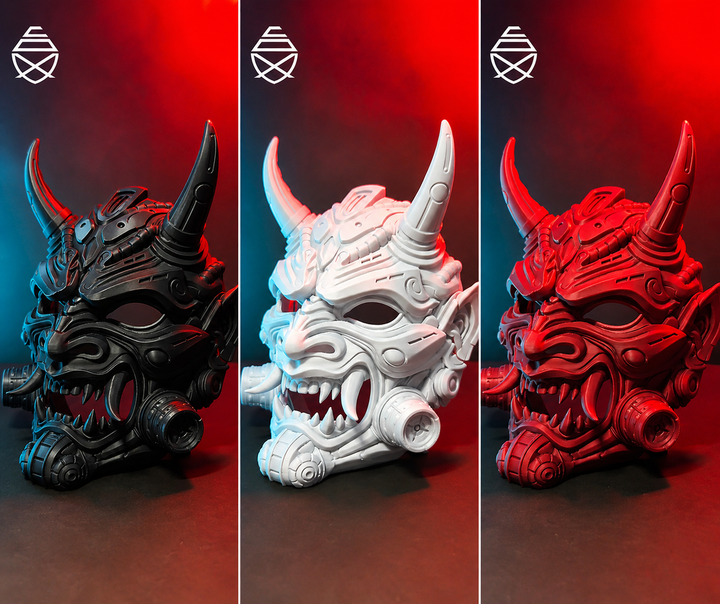 Cyberpunk Oni Mask Japanese Demon Samurai Tetsu Mask Red Futuristic Wall Art Decor Horned Warrior Helmet Sculpture Fantasy Gaming Decor