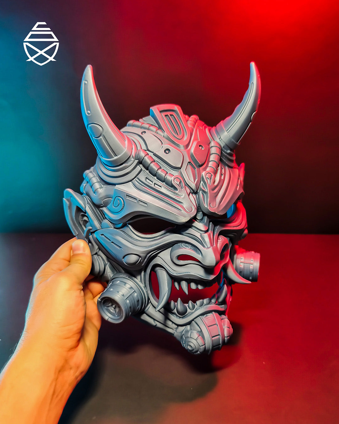 Cyberpunk Oni Mask Japanese Demon Samurai Tetsu Mask Red Futuristic Wall Art Decor Horned Warrior Helmet Sculpture Fantasy Gaming Decor