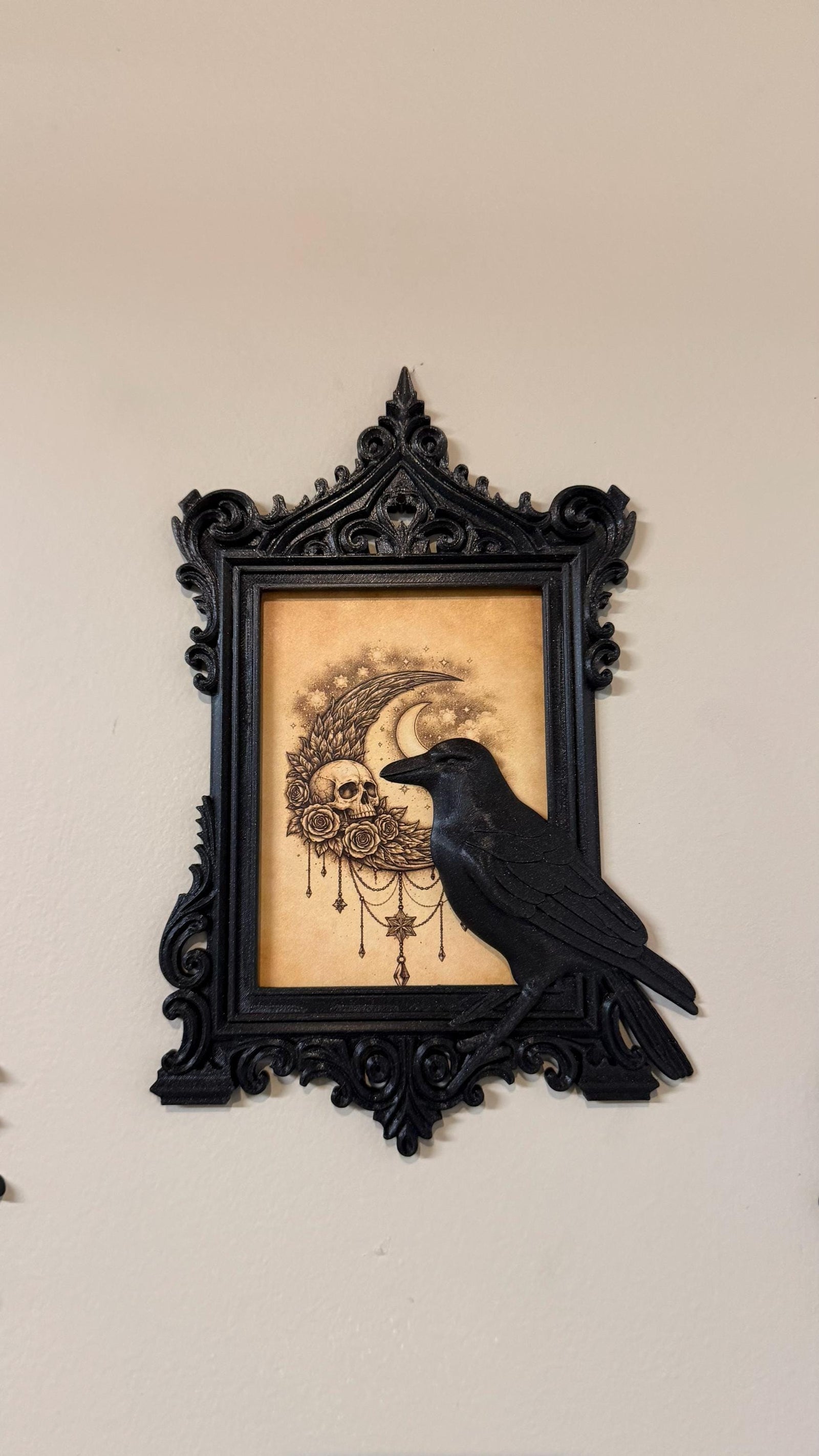 Gothic Raven Frame Wall Decor | Black Crow Ornate Victorian Picture Frame | Dark Academia Halloween Decor | Spooky Bird Wall Art