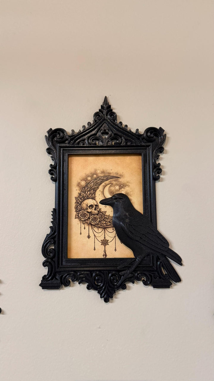 Gothic Raven Frame Wall Decor | Black Crow Ornate Victorian Picture Frame | Dark Academia Halloween Decor | Spooky Bird Wall Art